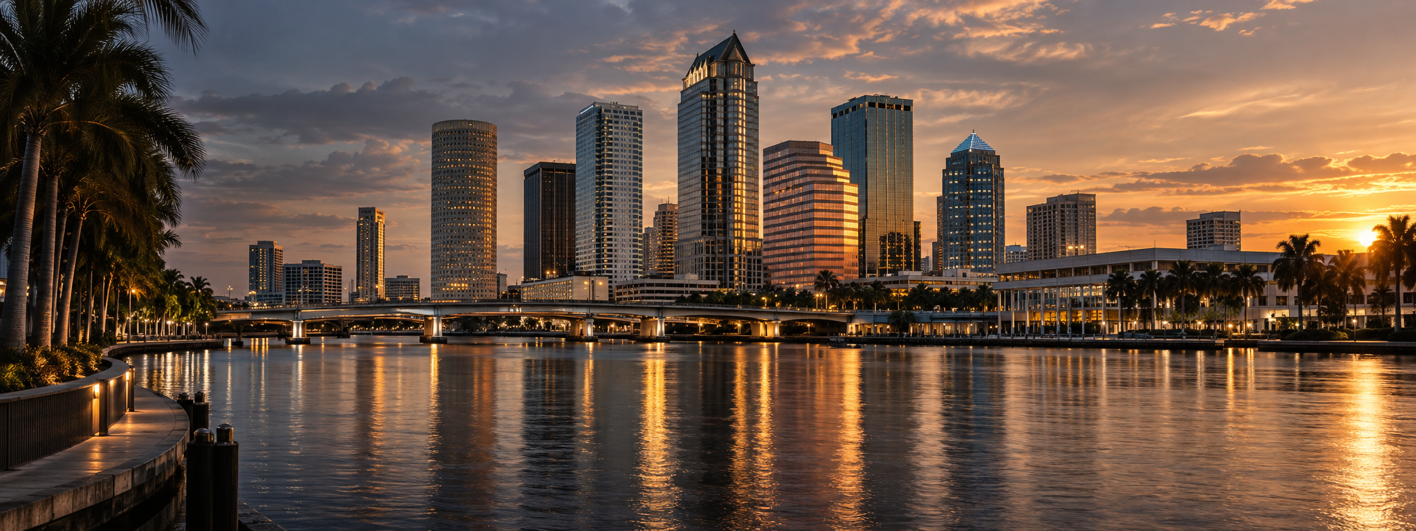 Artistic Tampa waterfront skyline at sunset with palm trees and reflections